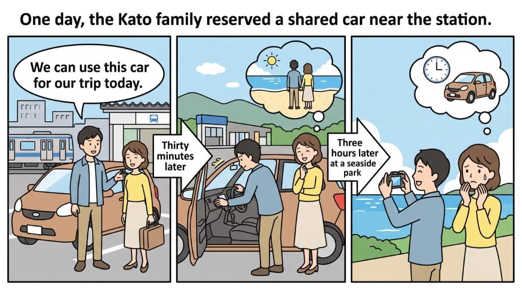 駅でカーシェアの車を借りる家族の3コマイラスト
