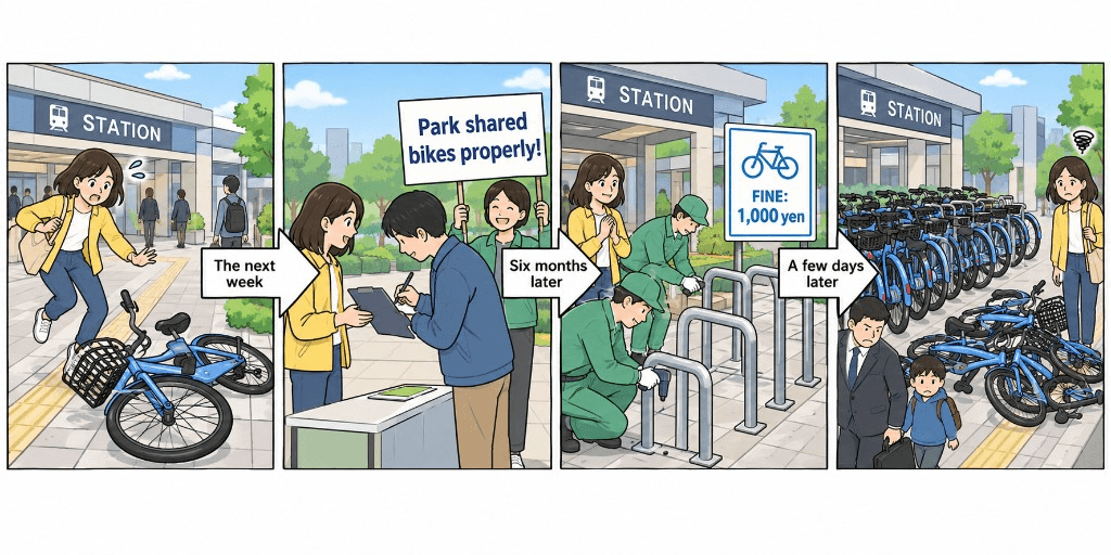 駅前のシェアサイクルをめぐる4コマイラスト